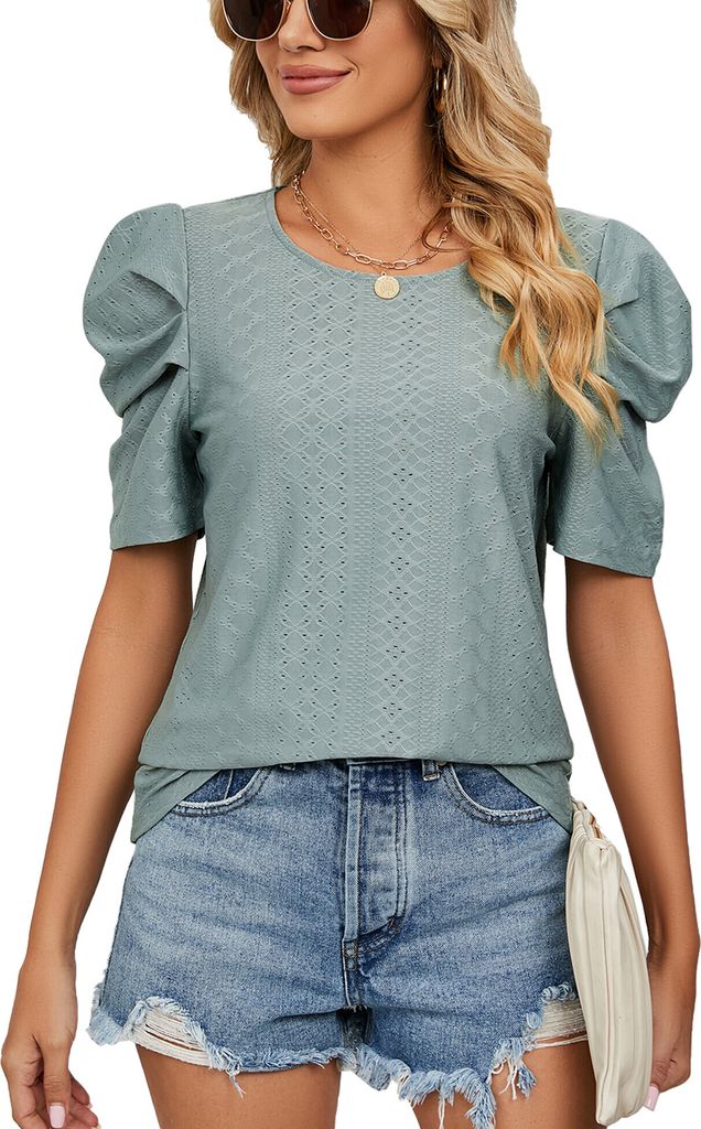 ASKSA Damen T-Shirt Puffärmel Shirts Einfarbige Tops Rundhals Kurzarm Sommer Oberteil, Grün, M