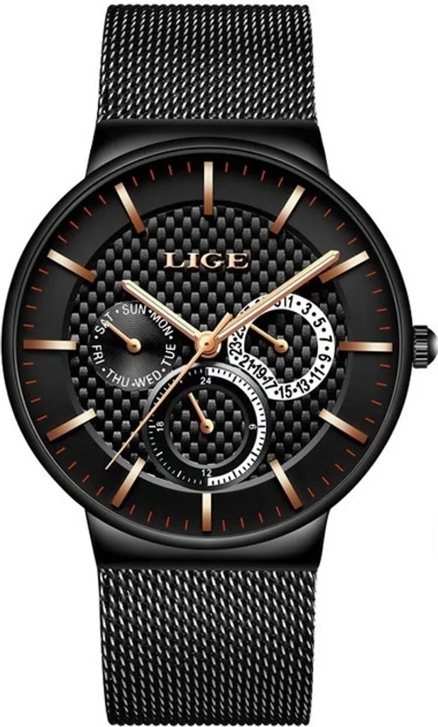 Montre Homme Noire LIGE Antichoc - Design Élégant et Cadran Anti-Rayures