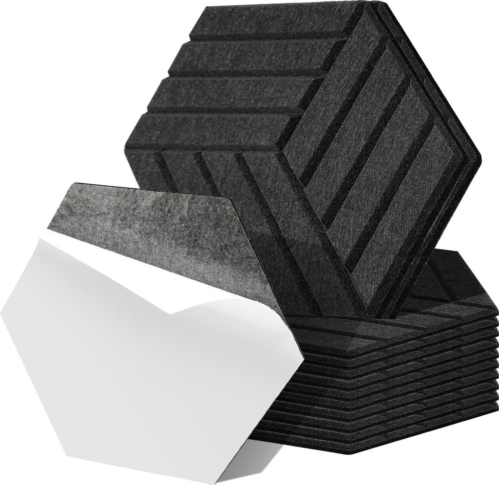 Clanmacy 12 stuks Akustikplatten Hexagonal gestreift selbstklebend Schallschutzplatten Hohe Dichte Wandpaneel Schwarz