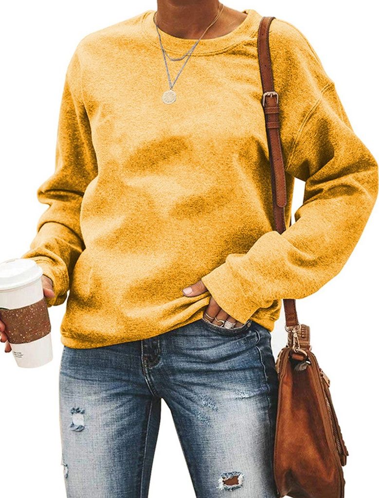 ASKSA Damen Pullover Rundhals Einfarbige Sweatshirt Herbst Winter Langarmshirt Casual Lose Oberteile, Gelb, L