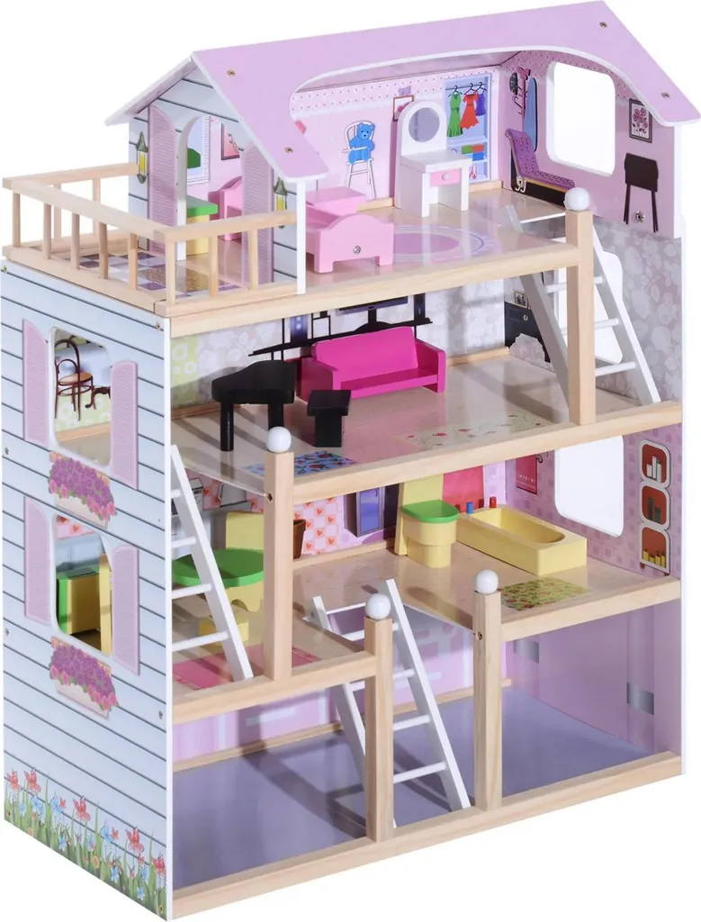 Jouet d'imitation maison de poupée géante bois rose 4 niveaux 13 pièces