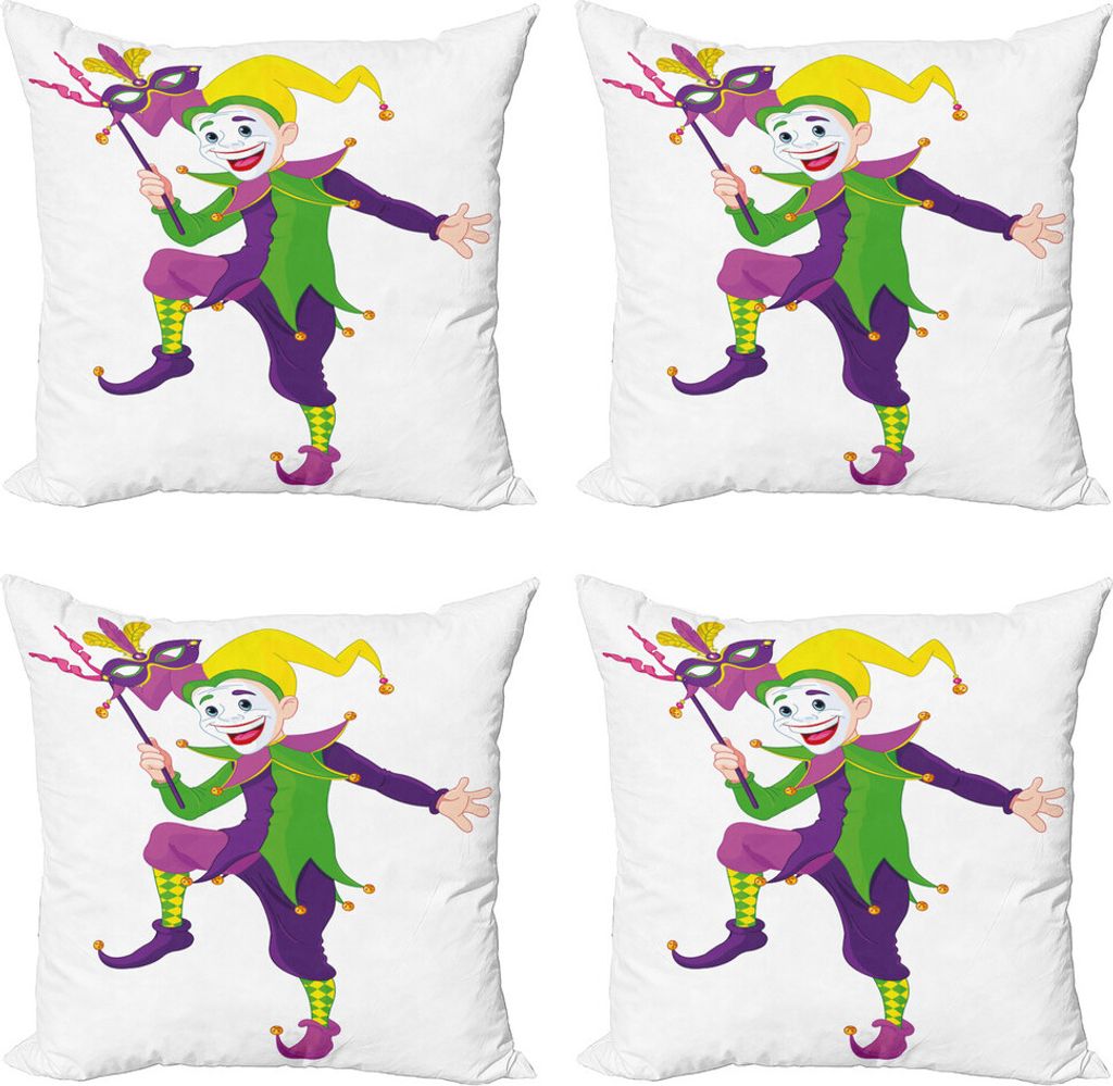 ABAKUHAUS Karneval Kissenbezug Set (4 Stück), Cartoon Jester, Moderner Doppelseitiger Digitaldruck, 45 cm x 45 cm, Mehrfarbig