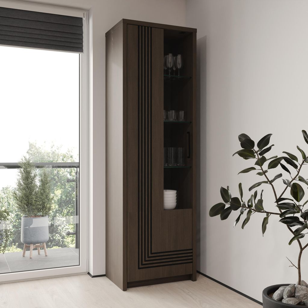 Forte EUFEMIUS Vitrine 60 65, moderner Vitrinenschrank mit dekorativer Fräsung, 1Tür, Dunkelbraun|Schwarz Eiche Holzdekor, 61,8cm breit x 198,3 c...