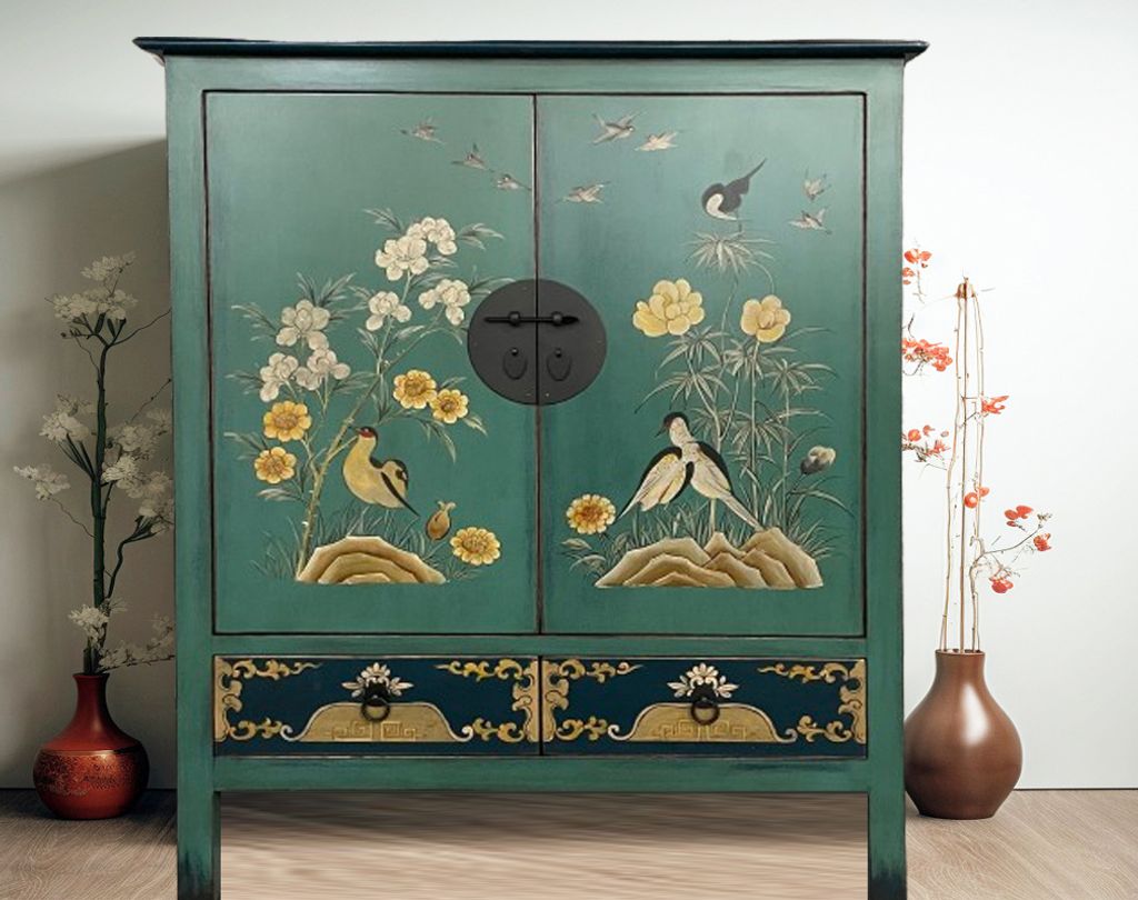 OPIUM OUTLET asiatischer Schrank Hoch-Kommode Sideboard Hochzeitsschrank Möbel chinesisch orientalisch Vintage Shabby-chic handbemalt.