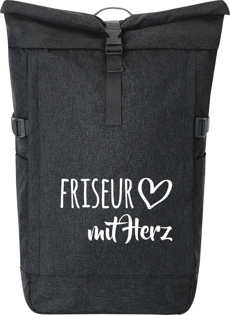Huuraa Kurierrucksack Friseur mit Herz 30-44 Liter Black Melange Fairtrade Rolltop Rucksack Geschenkidee
