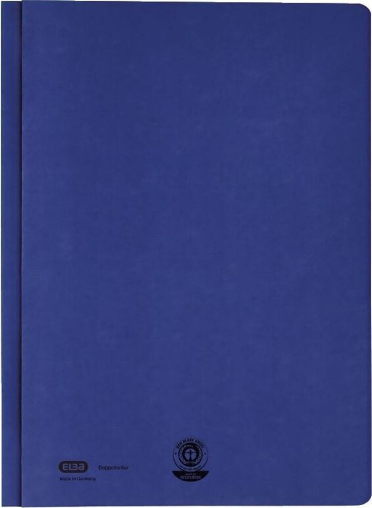A closed blue folder is shown flat against a blue background.
