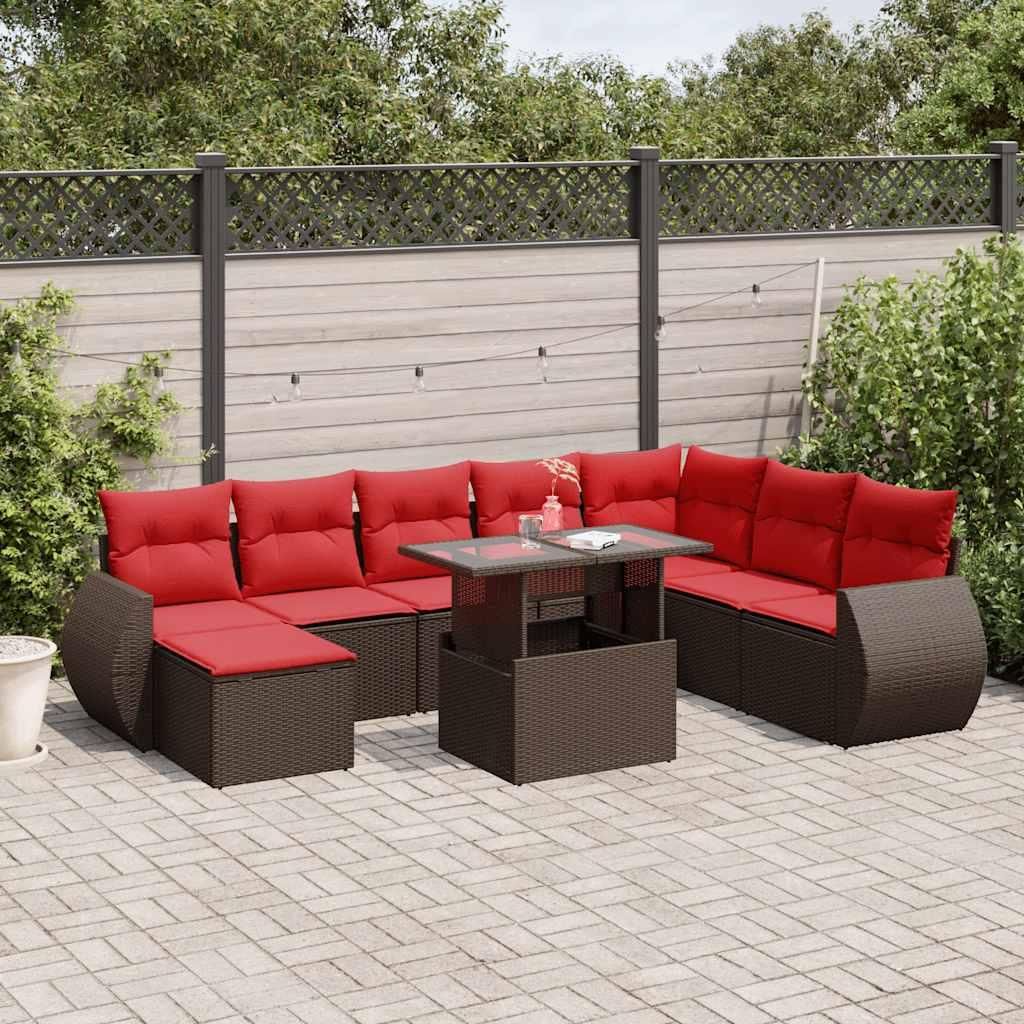 Maison Exclusive - 9-teiliges Gartensofa-Set mit Kissen, braun, Polyrattan