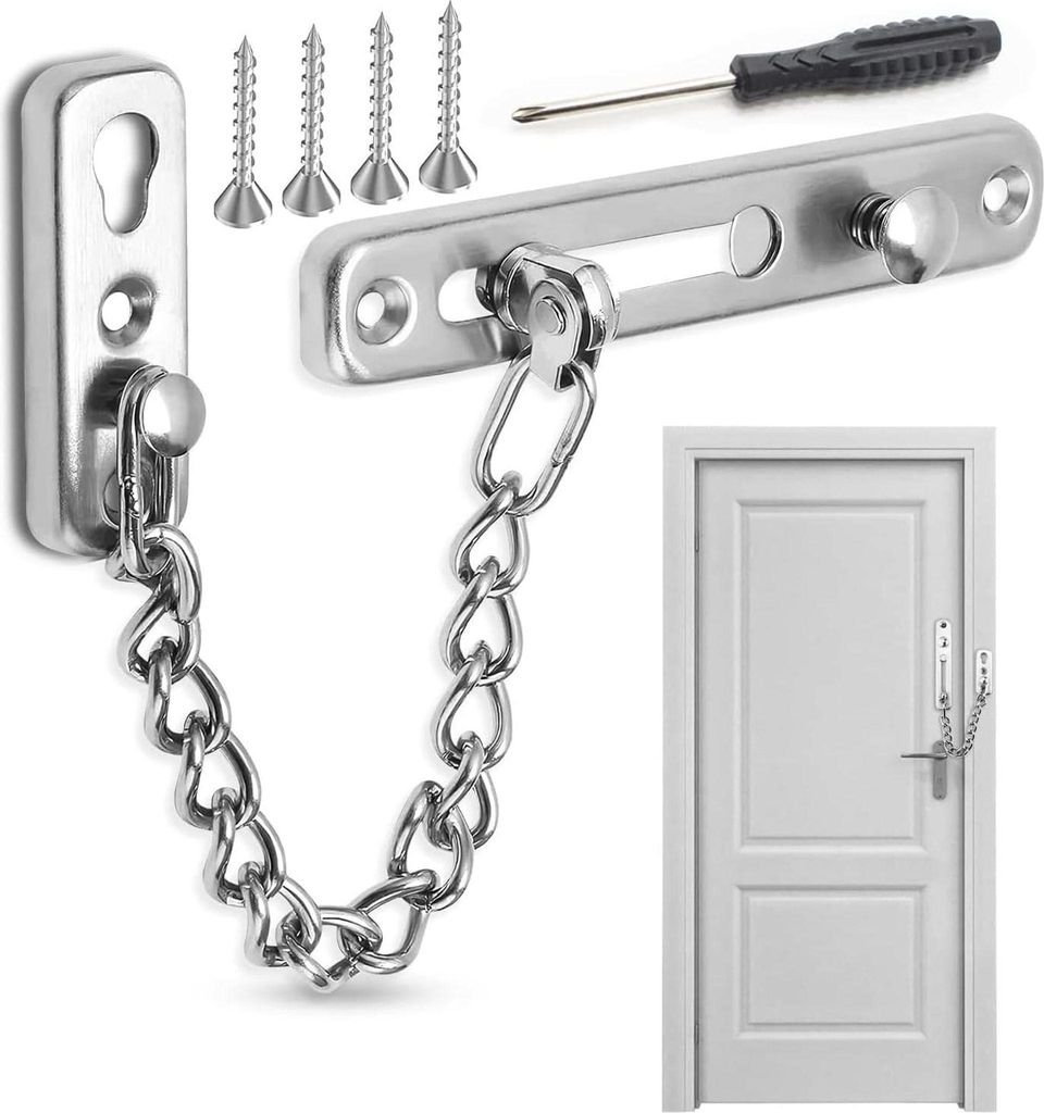 Door Chain Lock, Türkette Sicherheitsschloss, Edelstahl Türkettenschloss für Hotel, Familie, Innentüren, Fenster (silber, mit Schraubendreher)