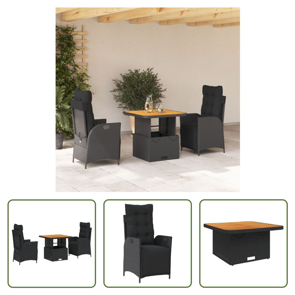 The Living Store 3-tlg. Garten-Essgruppe mit Kissen Schwarz Poly Rattan