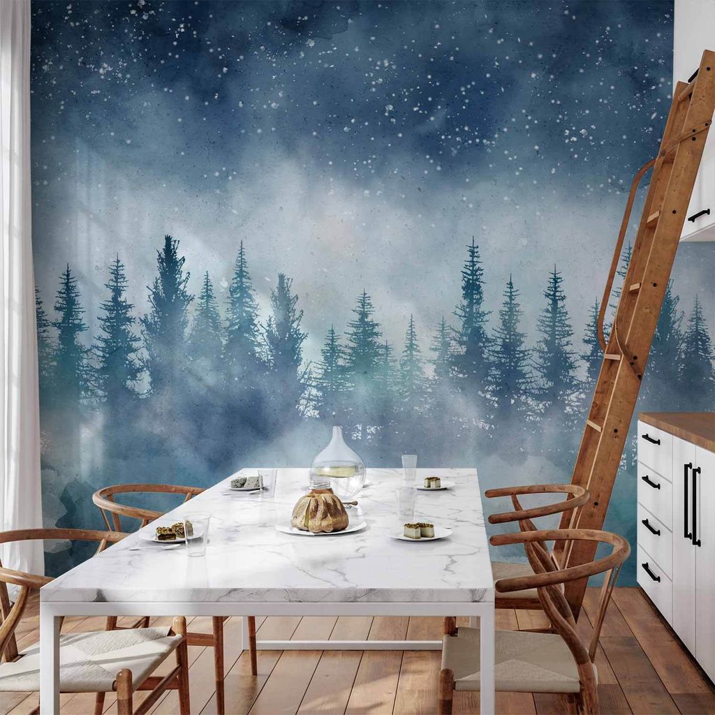 Vlies Fototapete - Night landscape - landscape of a misty forest at night with a starry sky 350x245 cm Landschaften c-A-10001-a-a