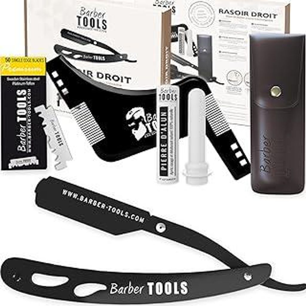Herren Rasier-Set - Männer Rasiermesser/Barbiermesser - mit 50 Einzelklingen + Tuch + Alaunstift + Aufbewahrungsetui + Kammführung für Rasur -SC...
