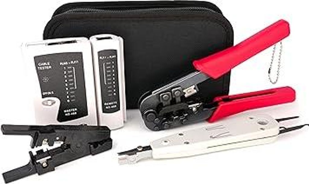 BIGtec Crimpzange - Netzwerktester Kabeltester Leitungs-Tester RJ45 RJ11 RJ12 - LSA Anlegewerkzeug Auflegewerkzeug - Abisolierzange - LAN Kabel Pat...