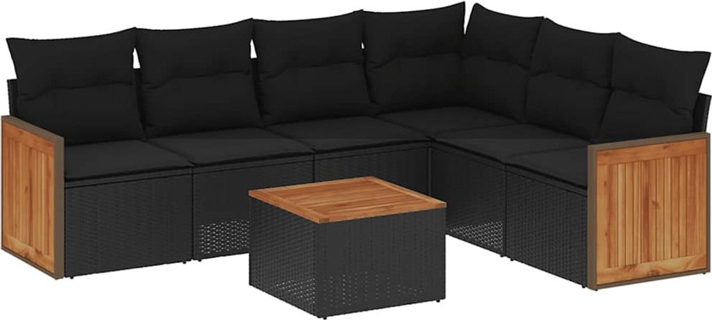 vidaXL 7-tlg. Garten-Sofagarnitur mit Kissen Schwarz Poly Rattan