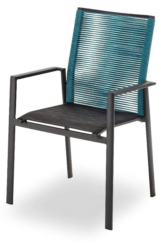 Gartenstuhl Limbadi - Stapelstuhl - Aluminiumgestell - Blaues Rope - Armlehnen aus anthrazitfarbenem Aluminium - Fertig montiert - Wetterfest - Sta...