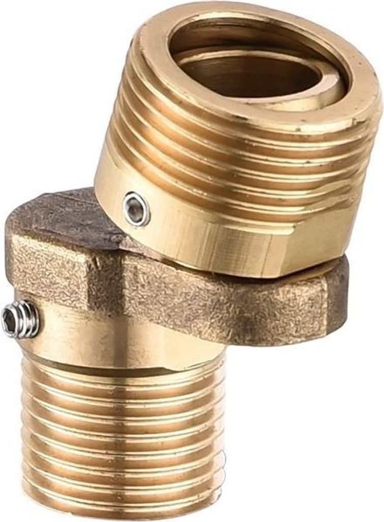 A brass plumbing fitting with threaded ends, angled to show its adjustable joint.