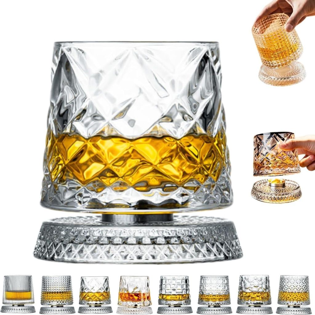 Drehbarer Kristallbecher(A), Wasser-/Bierglas, 280 ml, mit Leuchtender Kristall-Untersetzer,als Cocktailglas oder Kaffeetasse verwendbar,Geschenk