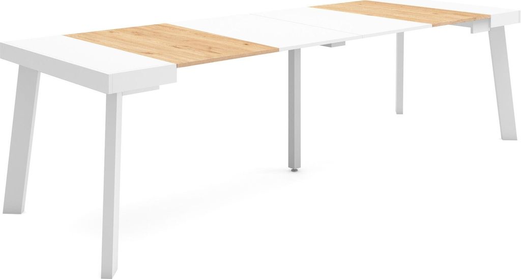 Ausziehbarertisch, 262x90x73cm, Für 12 Gäste, Hölzerne Beine, Eiche und weiß