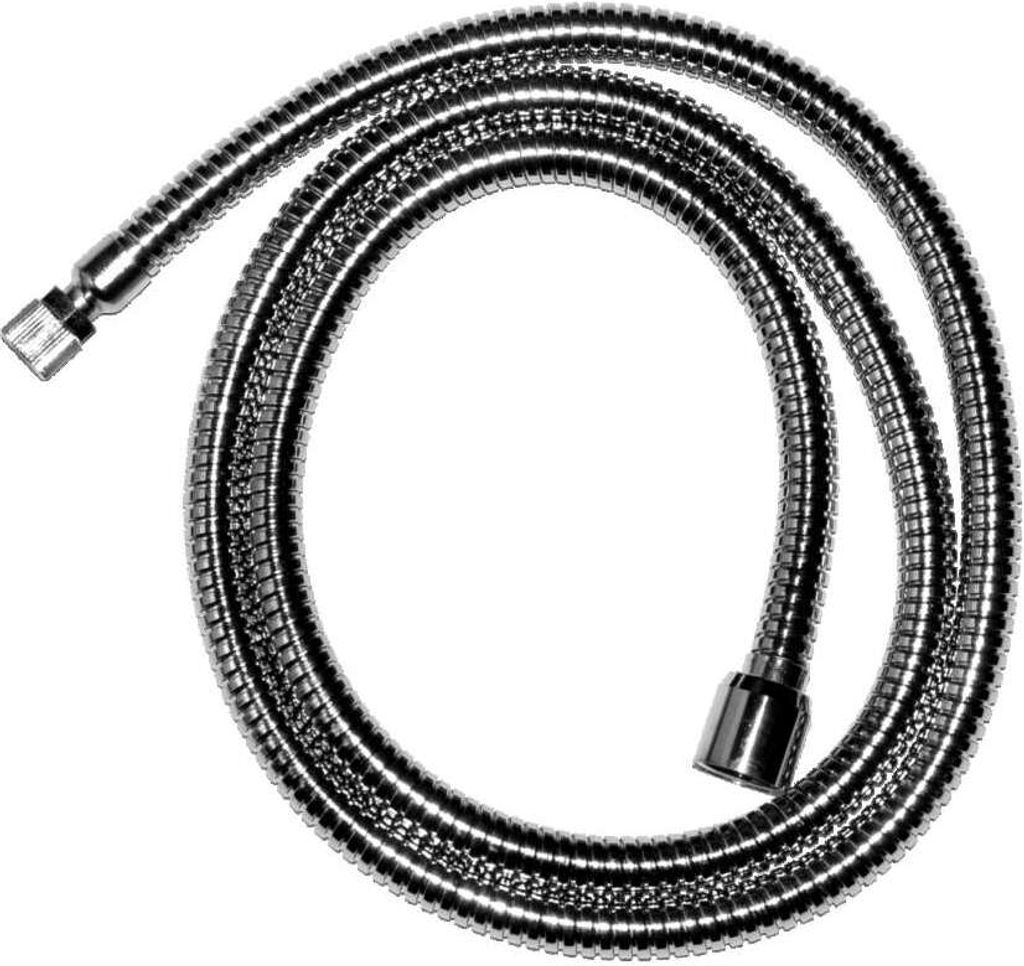 A coiled metal shower hose on a white background.