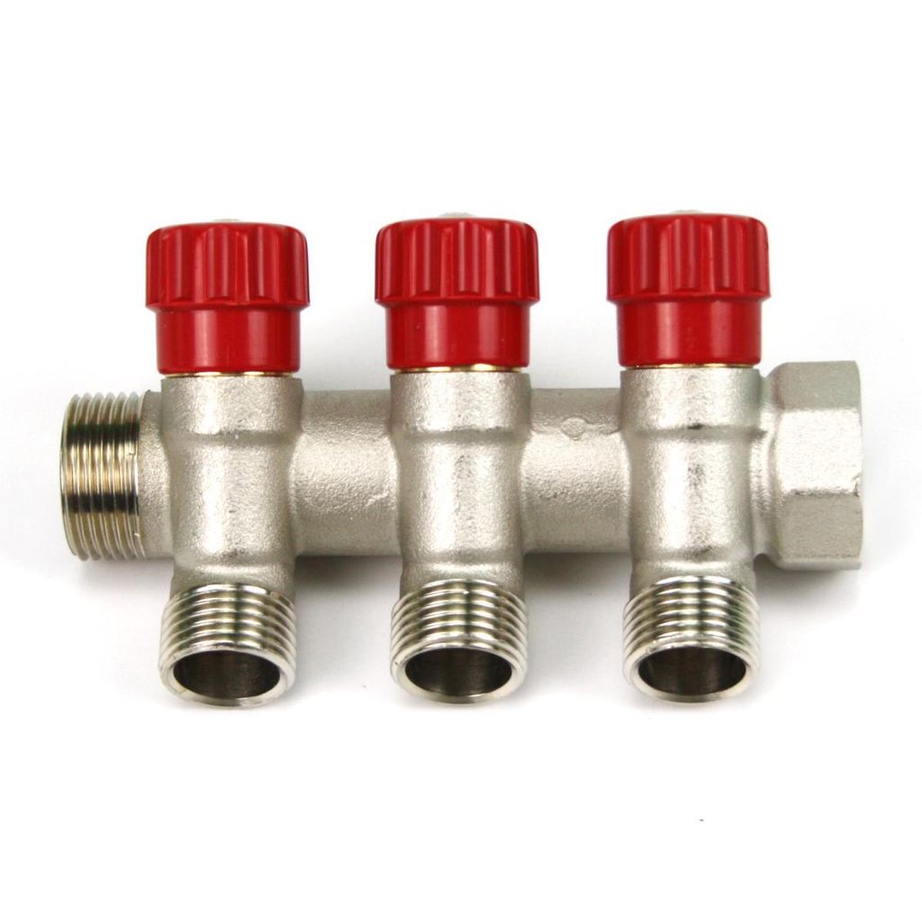 Verteiler 3-Fach mit Absperrventil Rot Sanitär 3/4" x 1/2" Wasser Heizung