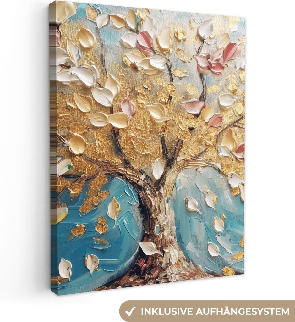 MuchoWow - Leinwandbilder - Baum - Blau - Gold - Abstrakt - Modern, Wandbild, Wanddeko Bilder Wohnzimmer, 60x80 cm
