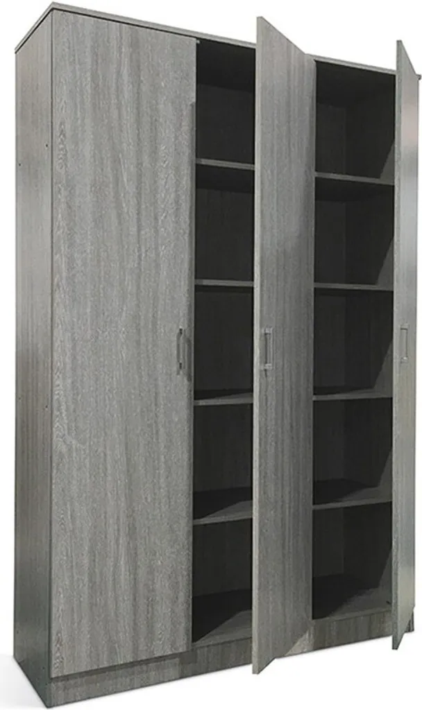 Armoire scandinave REY en chêne gris avec 3 portes et larges étagères
