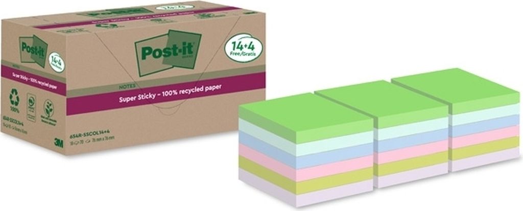 Haftnotiz Super Sticky Recycling Notes 76x76mm 70 Blatt sortiert VE=8x18 Blöcke