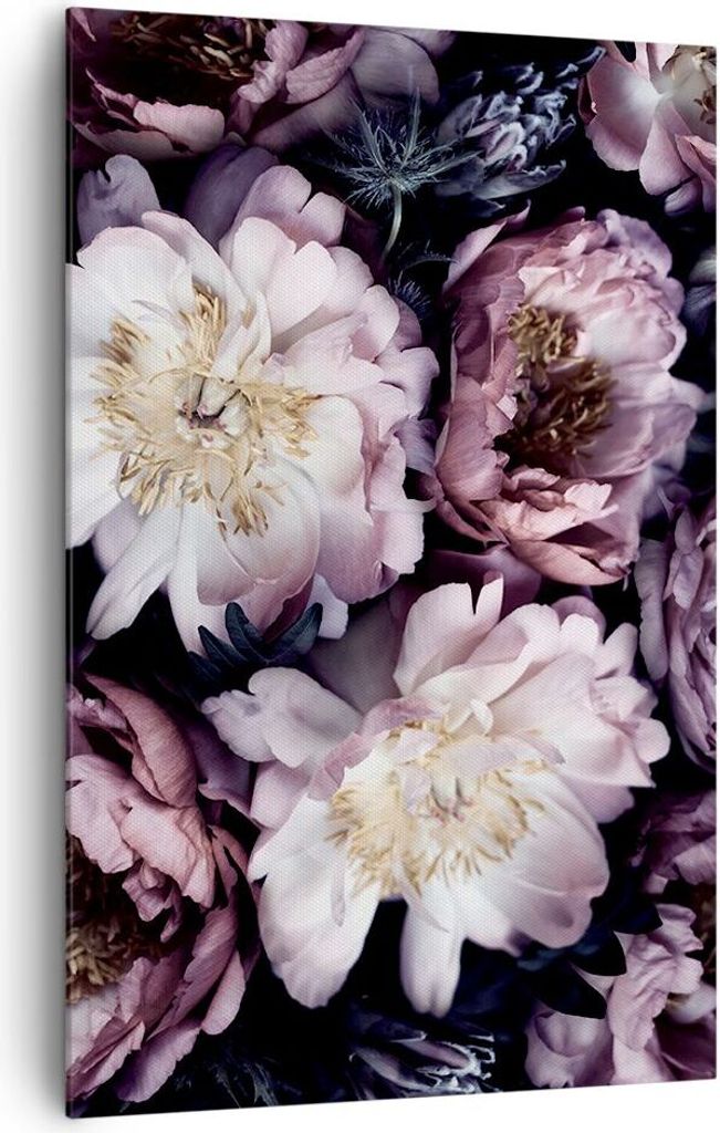 Bild auf Leinwand - Leinwandbild - Einteilig - Pfingstrosen Veilchen Blumen - 80x120cm - Wand Bild - Wanddeko - Wandbilder - Leinwanddruck - Wandde...