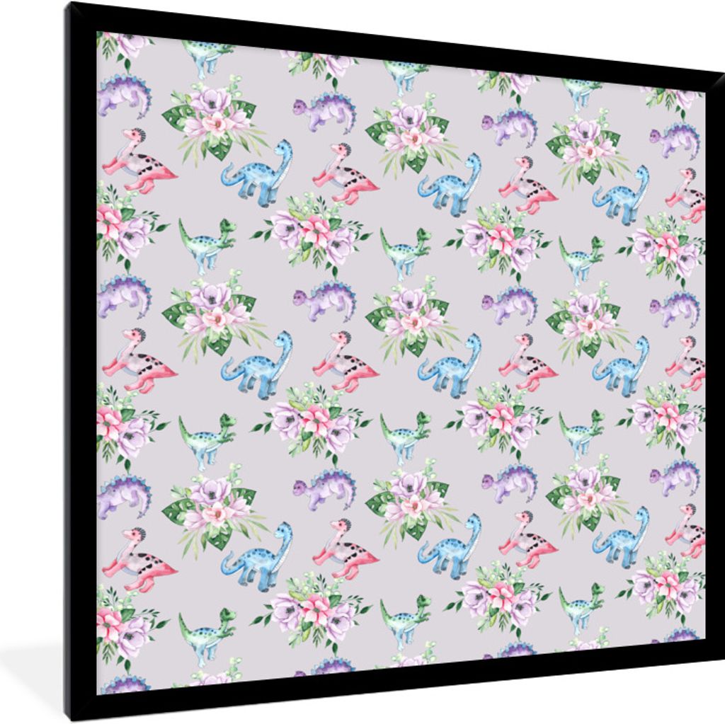 MuchoWow Gerahmtes Poster Kinderzimmer - Dinosaurier - Blumenarrangements - Mädchen - Kinder - Rosa - Kinder 40x40 cm - Poster mit Schwarzem Bil...