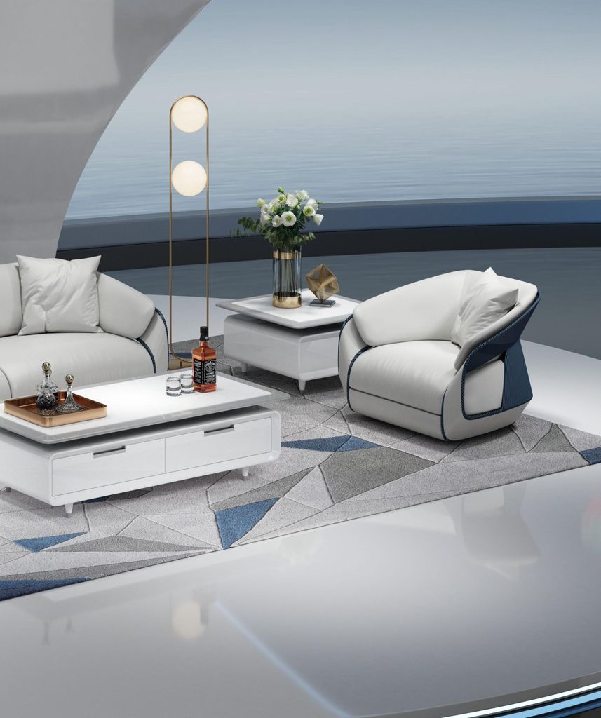 Komfortabler Sessel in Weiß-Blau für jedes Interieur.