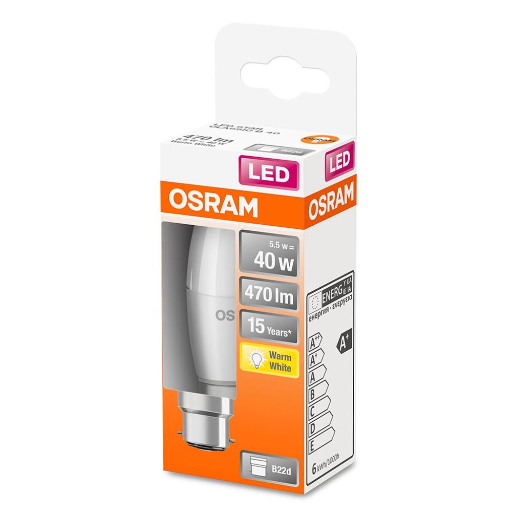 Osram LED Leuchtmittel Kerze 5,5W = 40W B22d Opal matt Produktbild 