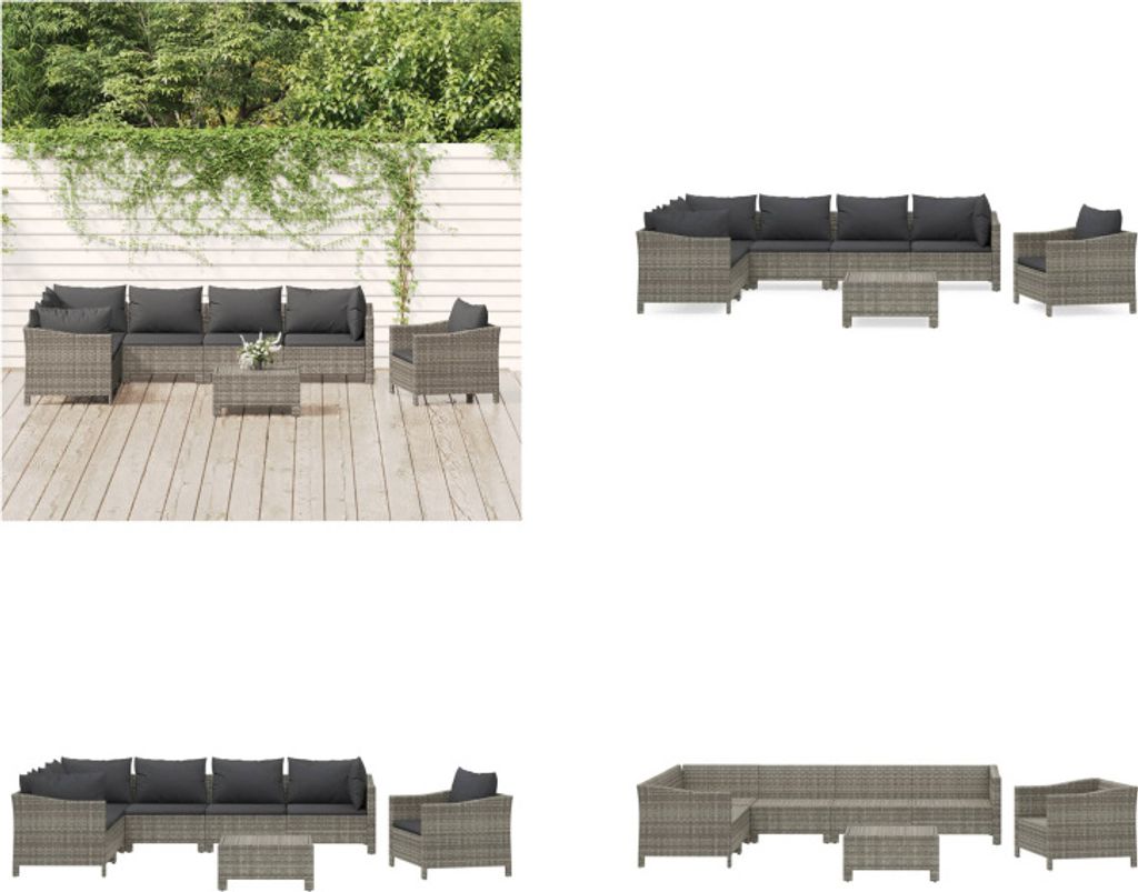 vidaXL 8 tlg. Garten Lounge Set mit Kissen Grau Poly Rattan - Garten Lounge Set - Garten Lounge Sets - Lounge Set - Gartenmöbel Set