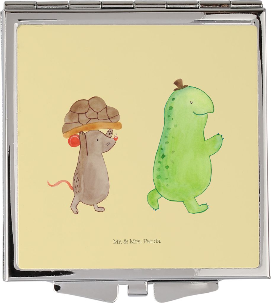 Mr. & Mrs. Panda Kleiner Spiegel Schildkröte Maus - Gelb Pastell - Geschenk, Kosmetikspiegel, Handspiegel, Schminkspiegel, klein, Klappspiegel, Be...