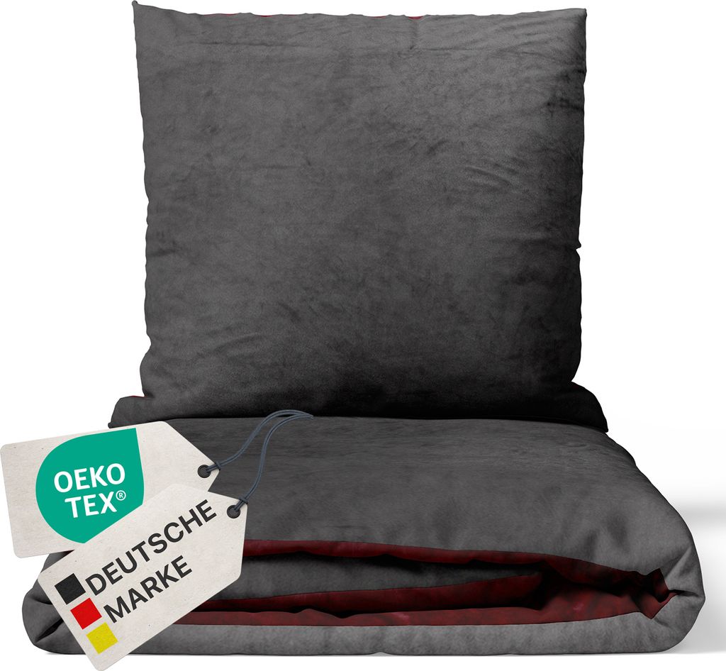 NYVI Winter Bettwäsche Set DreamScience Cashmere Touch 155x220 + 80x80 cm Anthrazit Bordeaux - Kuschelweich & Wärmend - Mit Reißverschluss, , f...