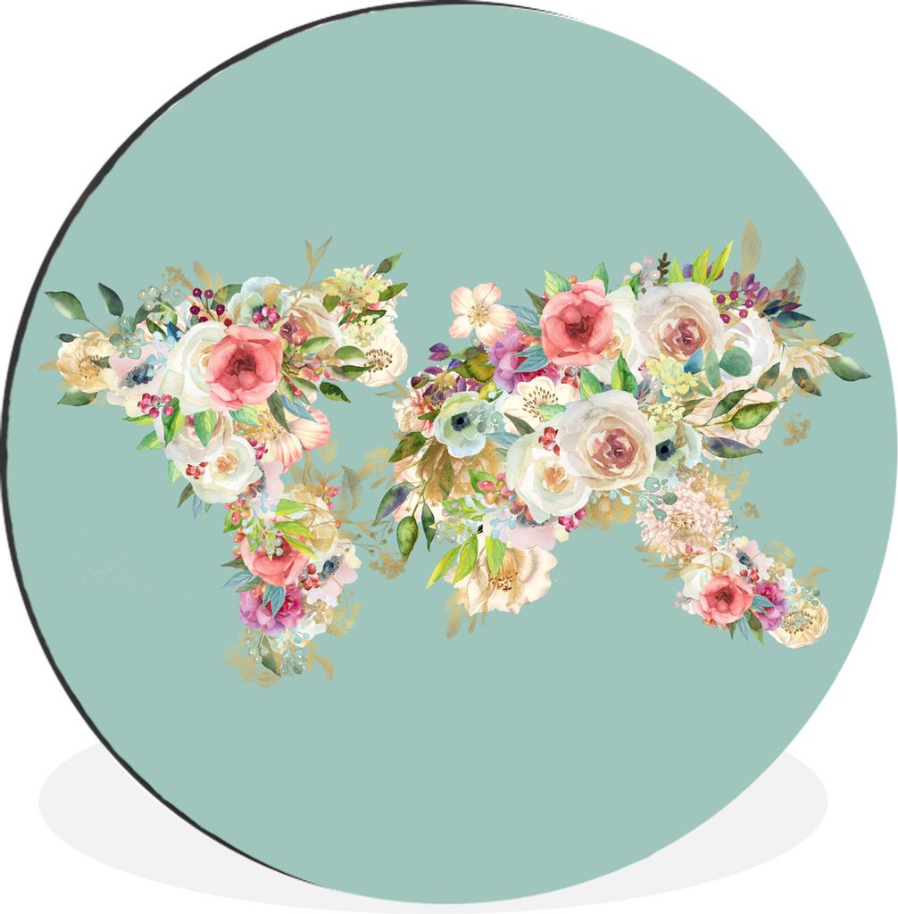 MuchoWow Aluminium Wandkreis Karte - Welt - Rosen - Grün Ø 30 cm Wanddeko Modern Wohnzimmer - Wand Bild - Wohnzimmer - Runde Bilder - Alubilder...