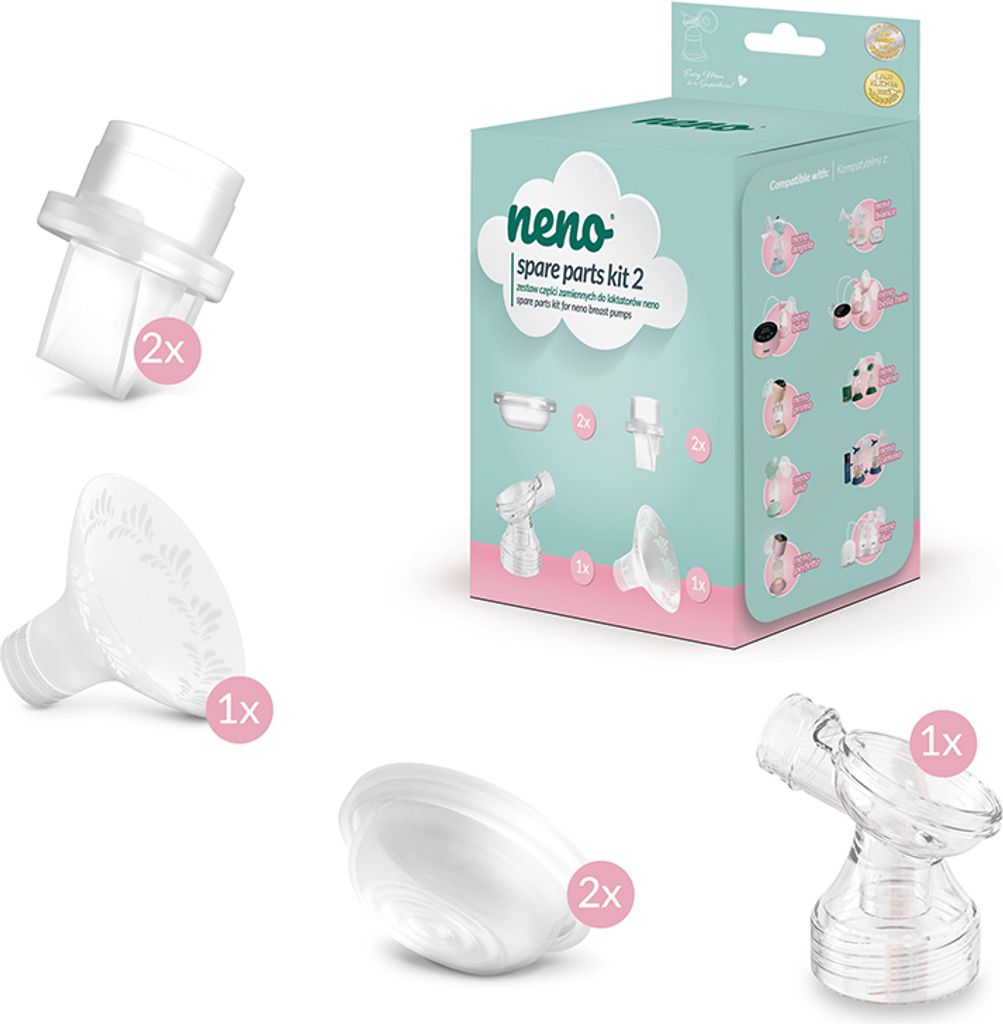 A product shot of Neno spare parts for breast pumps, including the packaging and individual components.