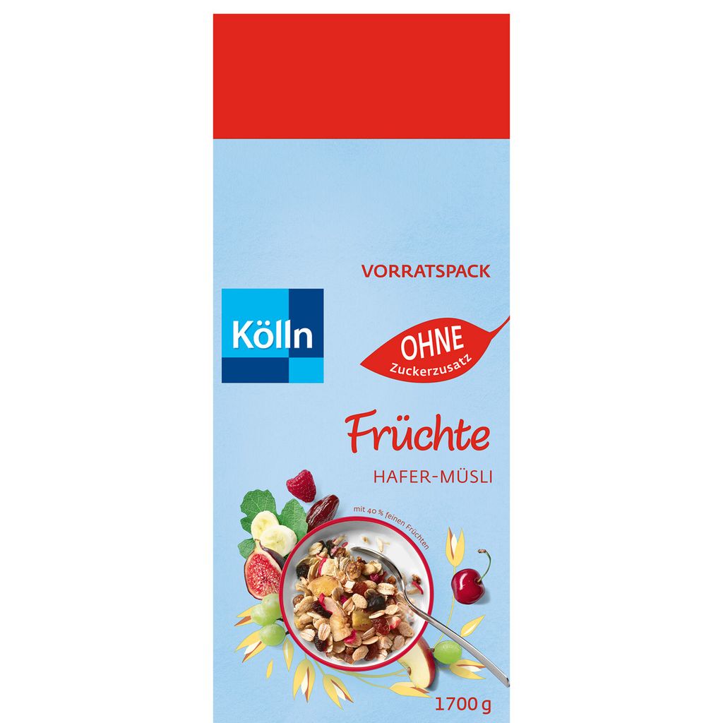 A box of Kölln Müsli Früchte with a depiction of the muesli and fruits.