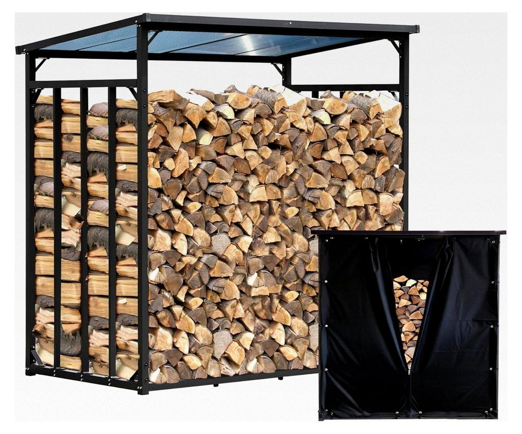 Metall Kaminholzregal Außen 185 x 100 x 185 cm mit Wetterschutz, Basic - 30 mm Stahlprofil, Anthrazit, wetterfest, Kapazität 3,5 m³ (5 SRM)
