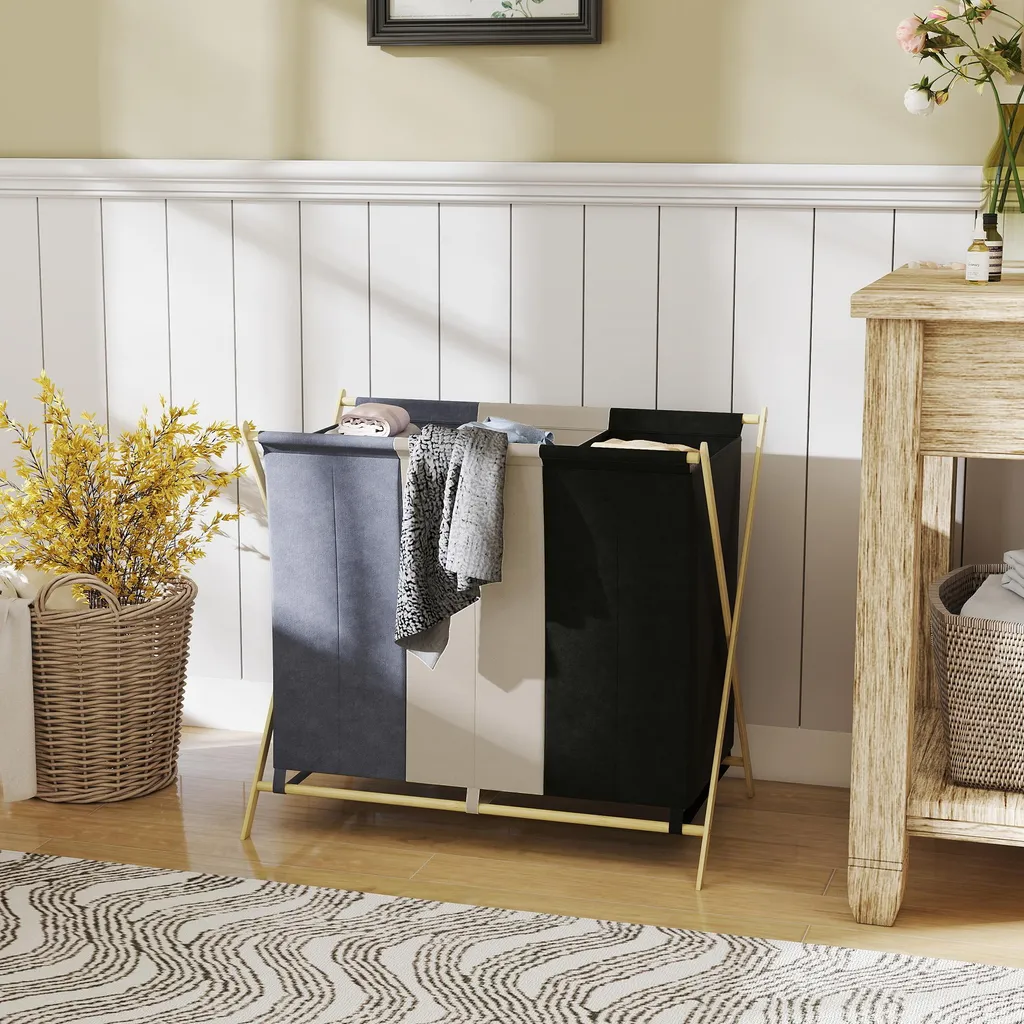 Panier à linge pliable 3 compartiments avec structure en bambou Multi - 2