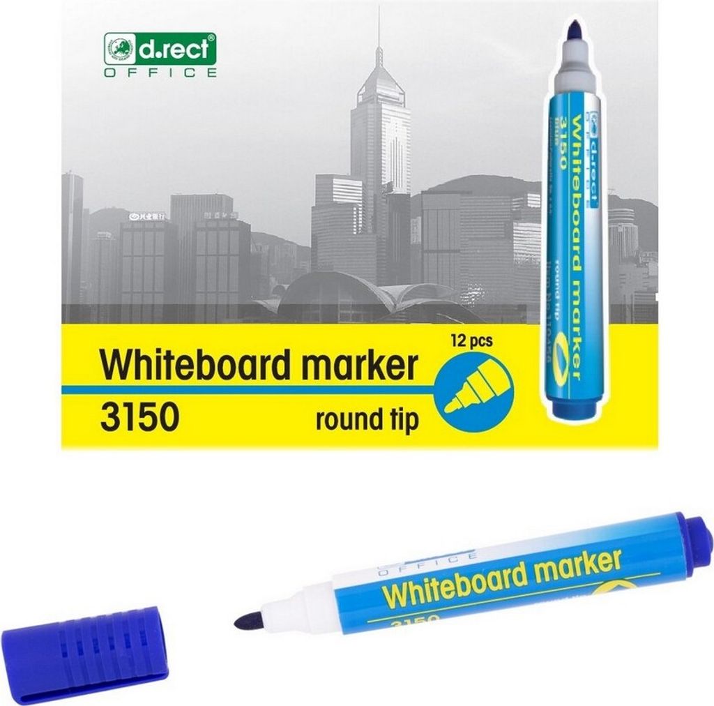 D.RECT 3150 Whiteboard Marker für Whiteboards und Flipcharts, abwischbar Glasboard Marker Rundspitze Blau 12 Stück
