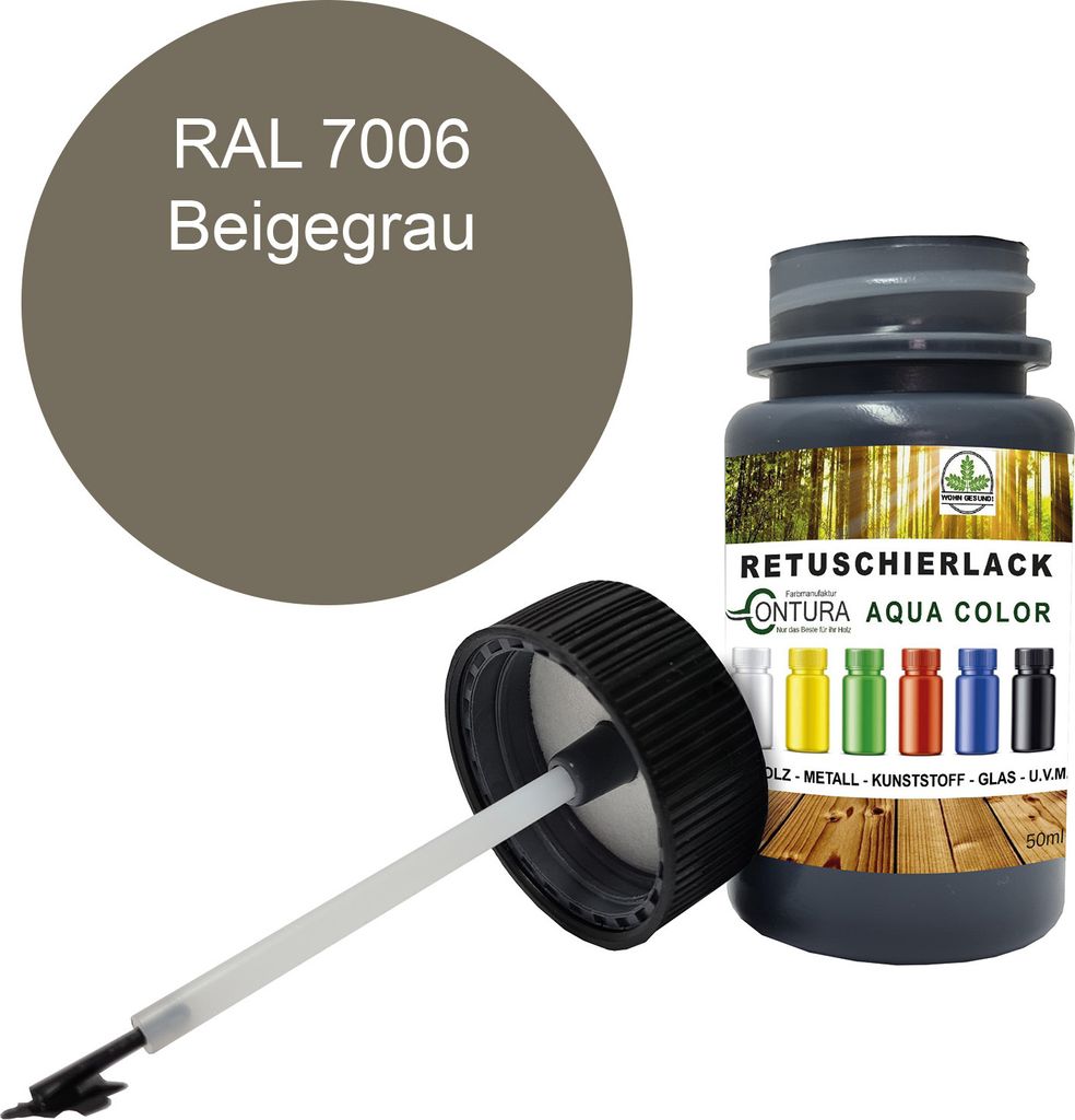 Reparaturlack Lackstift RAL Lack Pinselflasche 50ml. Farbe Holz Metall Möbel Auto Bad Retuschierlack - RAL 7006 Beigegrau