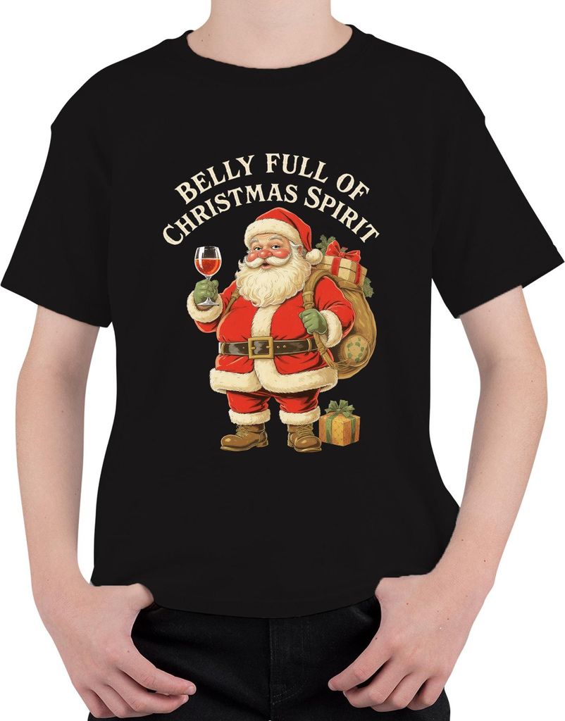 Belly Full Of Christmas Spirit Weihnachtsmann Santa Wein Lustig Uni Kinder T-Shirt, Schwarz, 140