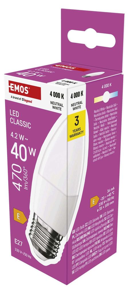 EMOS LED Lampe Candle, 4,2W Ersatz für 40W Glühbirne, Kerzenlampe mit E27 Sockel, Helligkeit 470 lm, Neutralweiß 4000 K, 30000 h Lebensdauer, ZQ...