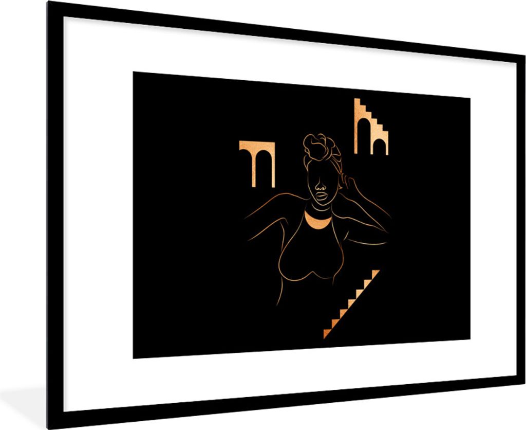MuchoWow Gerahmtes Poster Frau - Gold - Strichzeichnung 90x60 cm - Poster mit Schwarzem Bilderrahmen Wandposter Rahmen Foto Bilder - Wanddekorati...