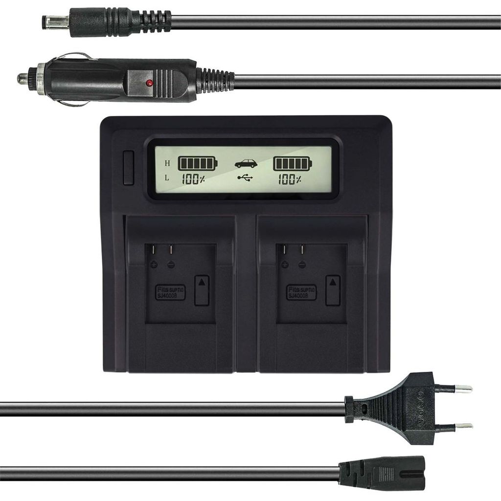 Dual Akku-Ladegerät kompatibel mit SupTing SJ4000, Qumox BAT-412 - mit USB-Anschluss, LCD-Display und Kfz-Ladekabel - Schnellladegerät