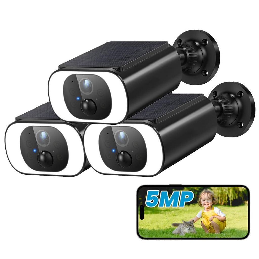 3 Stücke 5MP FHD Überwachungskamera Aussen Akku mit Solarpanel 100% Kabellose Kamera Überwachung Aussen Solar Flutlicht 2-Wege-Audio FernzugriOh...