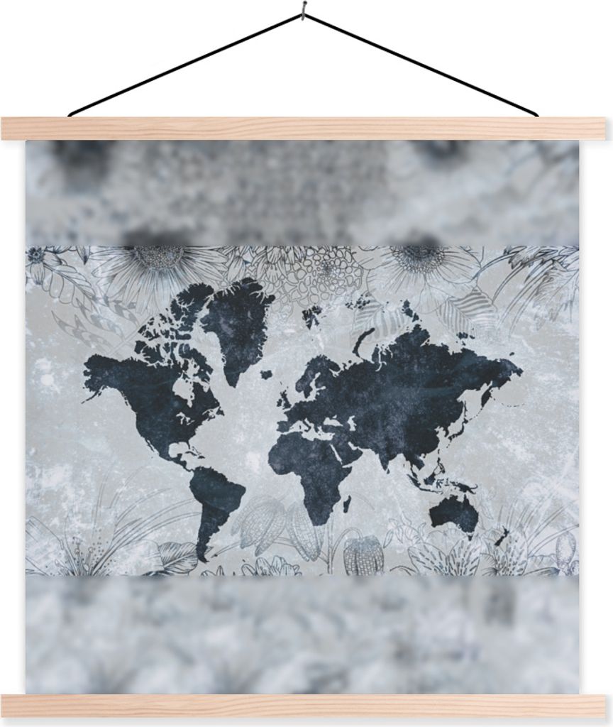 MuchoWow Textilposter Weltkarte - Blau - Blumen 120x120 cm mit holzfarbenen Rahmen - Textil-Poster