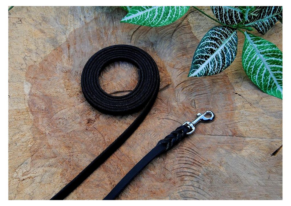 Petite Lederleine geflochten schwarz 10mm x 2m ohne Schlaufe Silber Karabiner Führleine