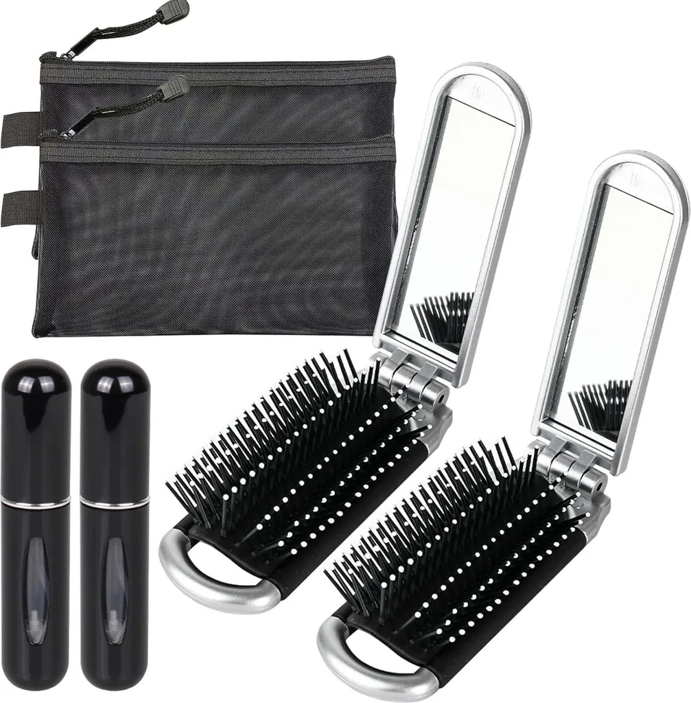 Brosse à cheveux de voyage compacte avec miroir intégré et accessoires
