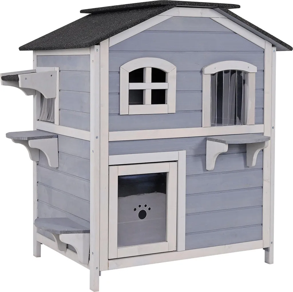 lionto Villa pour chats en bois gris et blanc, maison deux étages 60cm