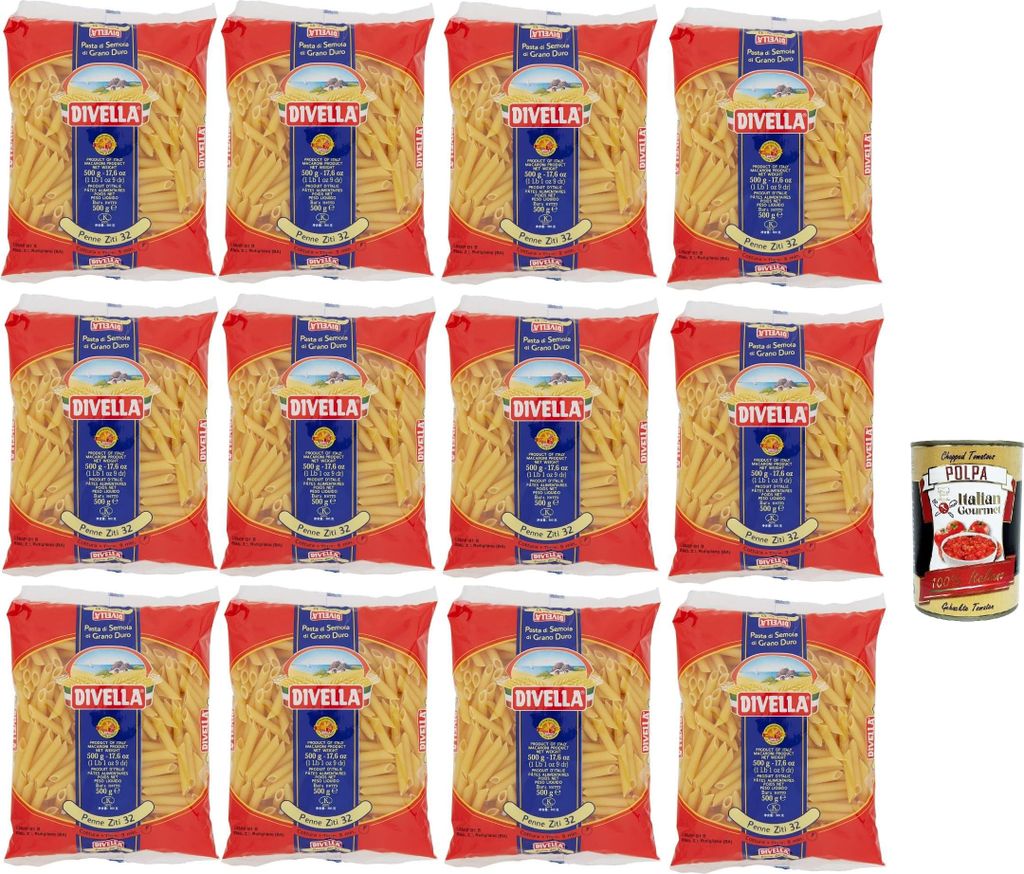Divella Pasta 100% Italienisch Penne Ziti n. 32, Nudeln aus Hartweizengrieß, Kochen 8 Minuten 12x 500g + Italian Gourmet polpa 400g